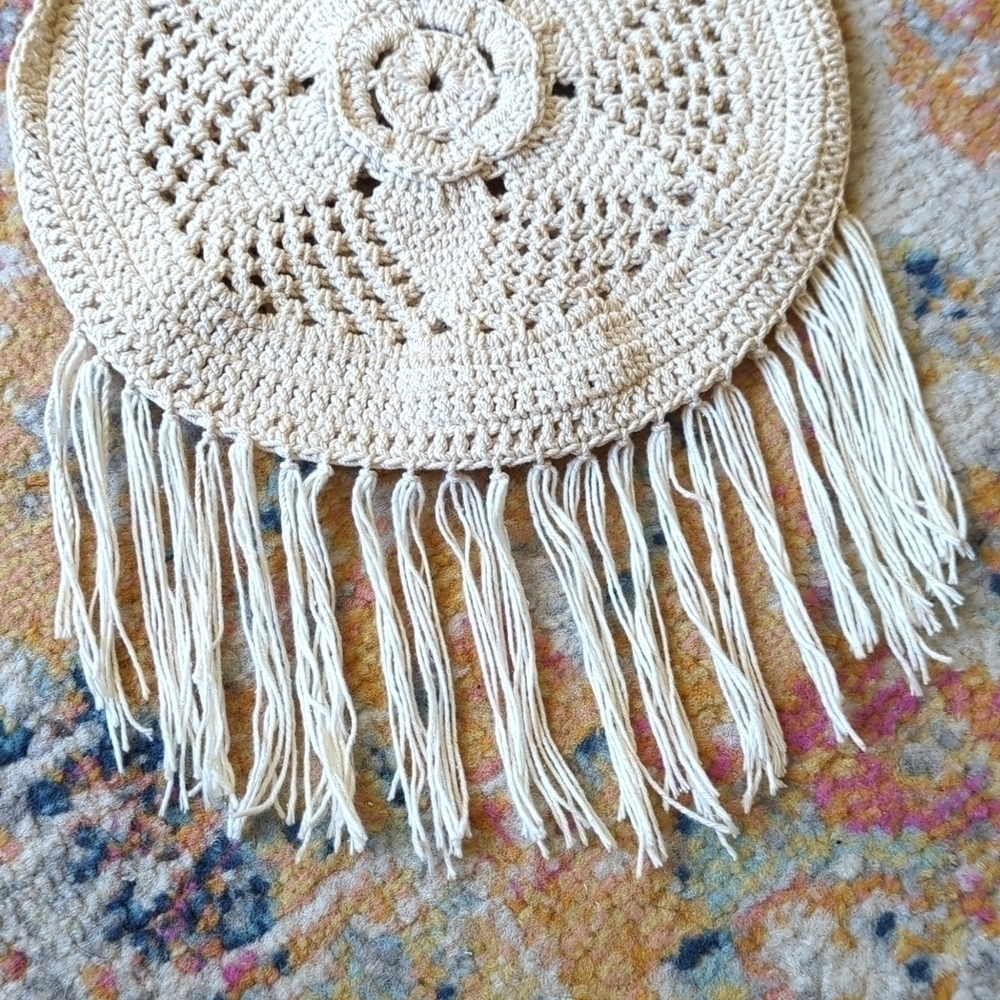 Handmade Bohemian Floral Woven Crochet Tassel Trim Circle Crossbody Bag Cream S - Picture 5 of 10